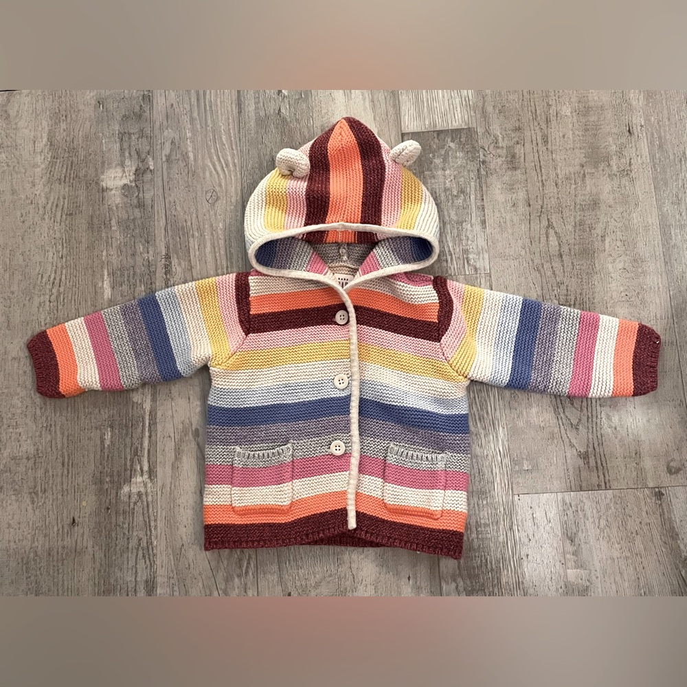 Striped Multi Colored Baby Gap Knit Sweater Jacket with Hood and Ears 6-12 mo.